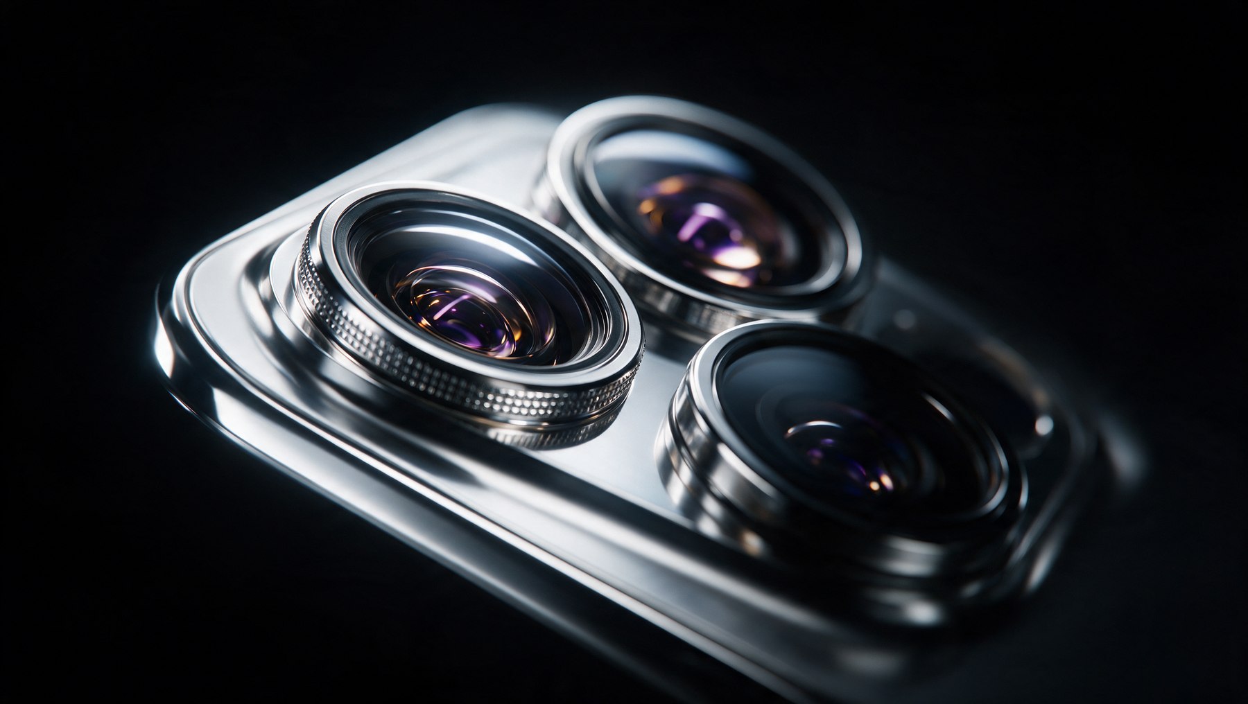Macro do conjunto de câmeras de um iPhone em alumínio polido