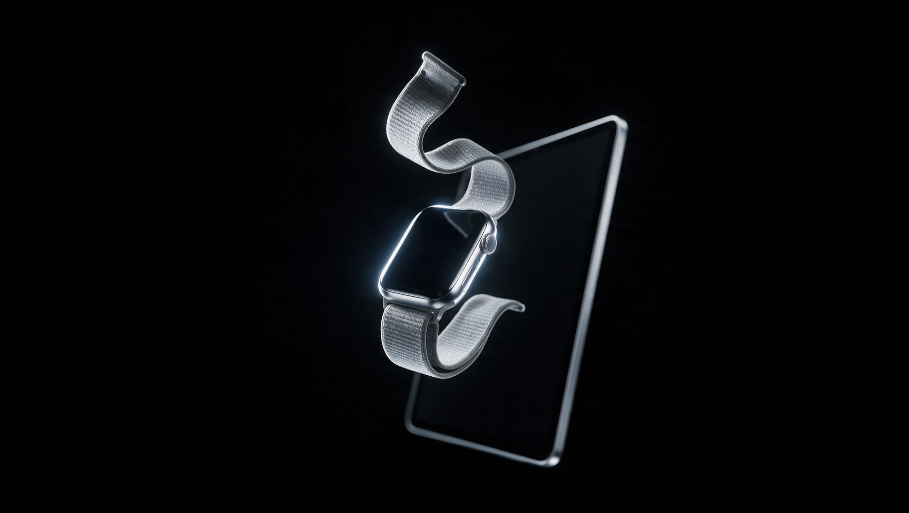 Apple Watch levitando com a pulseira em curva suspensa